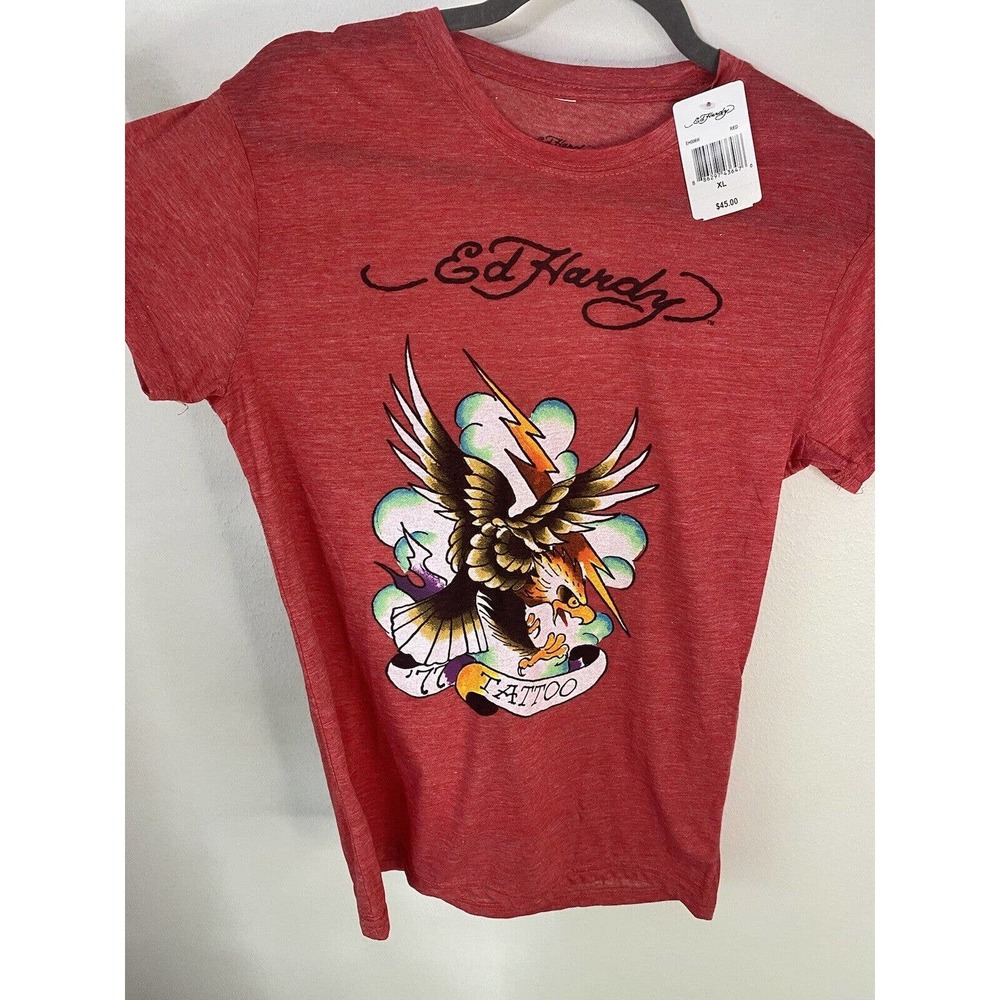 Ed Hardy Red Graphic T-Shirt Tattoo Eagle Lightning Cloud NWT Women Size XL